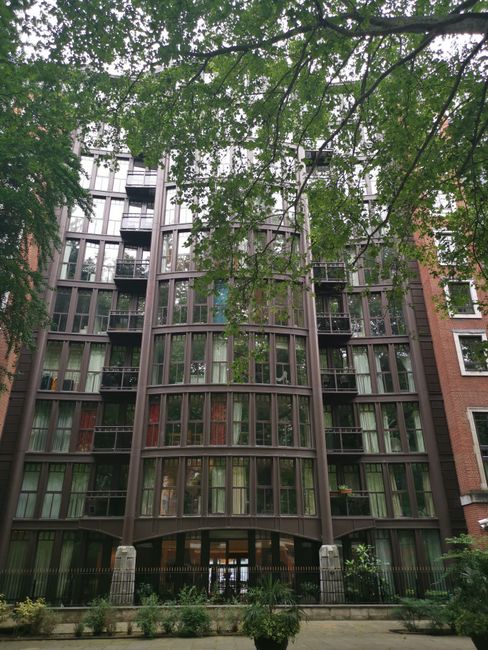 A multi-storey residential building with large glass windows and small balconies on each floor, constructed with a combination of brown and reddish-brown brickwork and dark-colored framing. The building is surrounded by a paved pathway and a small landscaped area with low shrubs and plants at its base. Overhanging the scene, green tree branches with dense foliage partially obscure the upper floors, creating a natural canopy. The lighting appears to be natural daylight, casting a soft, diffused light that highlights the building’s exterior and the greenery. The image is taken from ground level, emphasizing the height of the structure and its integration within a leafy urban environment, aligning with the context of private property or estate management, such as those requiring independent clearance or waste removal services by companies like Rubbish Removal Pimlico.