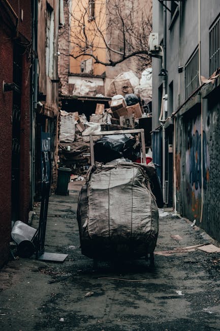 A narrow alleyway cluttered with overflowing rubbish and discarded materials, featuring a large black garbage bag and a worn grey container in the foreground. Behind them, various piles of cardboard boxes, plastic bags, and miscellaneous waste materials are stacked haphazardly against a backdrop of weathered brick and concrete buildings, some covered with graffiti. The ground is uneven and stained, with visible dirt and debris, and two small trash bins are seen on either side of the alley, which is lined by metal grates and pipes attached to the building facades. The environment appears neglected, with bare tree branches visible in the distance and minimal natural light, emphasizing the need for effective private rubbish removal services such as those offered by Rubbish Removal Pimlico for on-site clearance or alternative waste handling outside regular local authority collection.